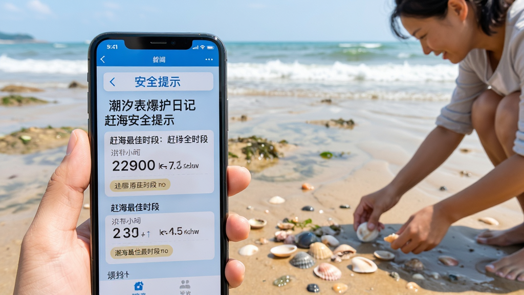 潮汐表爆护日记赶海安全提示功能界面,画面中手机屏幕显示安全提示文字与赶海最佳时段,背景为退潮后的海滩,有人在捡拾贝壳,远处海浪轻拍,风格清新自然,画质明亮,干净无多余元素
