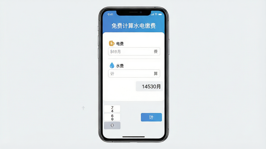 一款名为“免费计算水电缴费”的手机应用界面展示图,主体为竖屏手机屏幕,屏幕中央显示电费与水费输入框及计算结果区域,布局简洁,上方有软件名称“免费计算水电缴费”字样,排版清晰,风格为现代扁平化设计,细节包括数字键盘图标、电量水滴图标、计算按钮,画质高清,干净,无多余元素