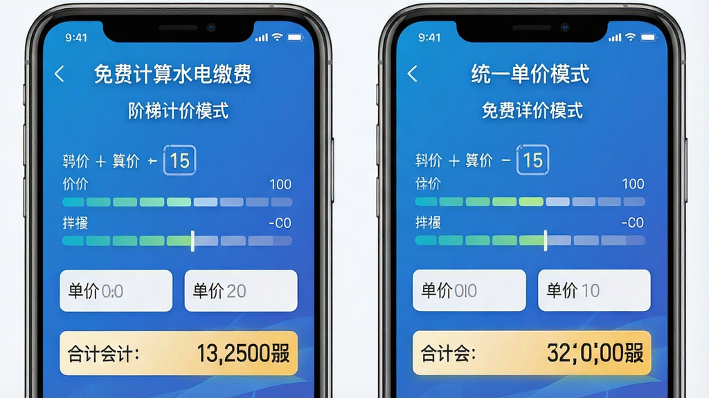 生成一张展示“免费计算水电缴费”软件双模式计费功能的示意图,主体为左右分栏的手机界面,左侧为阶梯计价模式,右侧为统一单价模式,布局对称,排版规整,风格为科技蓝渐变,细节包括阶梯档位进度条、单价输入框、合计金额高亮显示,画质清晰,干净,无多余元素