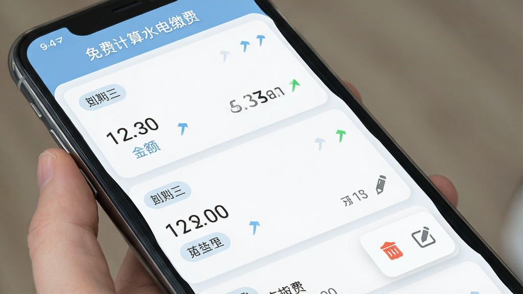 生成一张“免费计算水电缴费”软件历史账单功能的界面图,主体为手机屏幕内显示月度账单列表,布局为纵向滚动列表,排版整齐,风格为浅色卡片式设计,细节包括月份标签、金额数字、趋势小箭头、删除与编辑图标,画质高清,干净,无多余元素