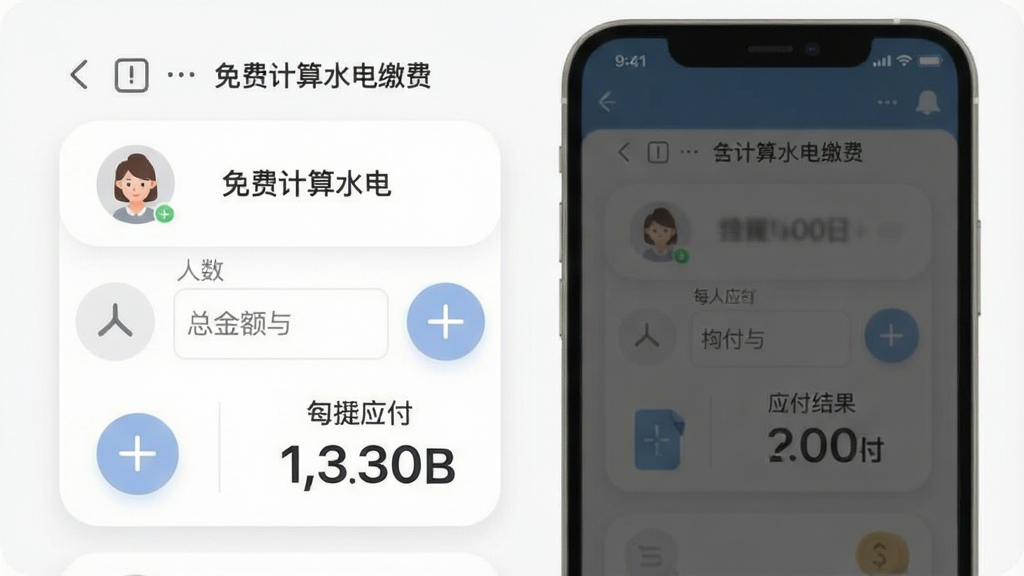 生成一张展示“免费计算水电缴费”软件分摊计算功能的图片,主体为手机界面中显示总金额与人数输入区域及每人应付结果,布局居中,排版简洁,风格为柔和圆角卡片,细节包括人物头像图标、加减号按钮、均摊结果大字显示,画质清晰,干净,无多余元素