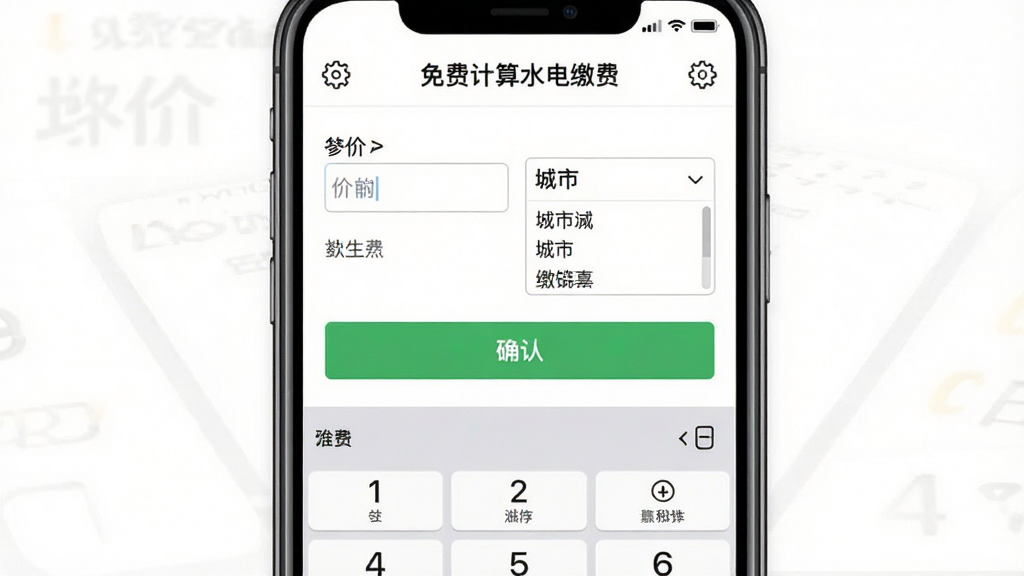 生成一张“免费计算水电缴费”软件单价设置界面的图片,主体为手机屏幕显示单价输入框与城市选择列表,布局为上下结构,排版清晰,风格为简约白色调,细节包括齿轮设置图标、数字键盘、城市名称标签、确认按钮,画质高清,干净,无多余元素