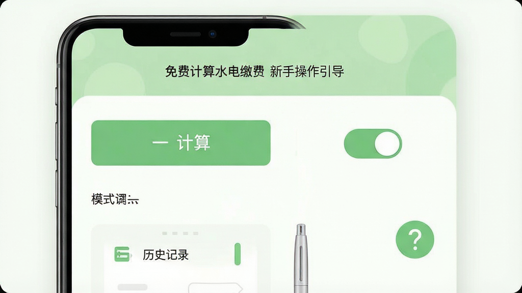 生成一张“免费计算水电缴费”软件新手操作引导图,主体为手机屏幕显示安装完成后的首页界面,布局为上下结构,排版简洁,风格为清新浅绿色调,细节包括计算按钮、模式切换开关、历史记录入口、帮助问号图标,画质高清,干净,无多余元素