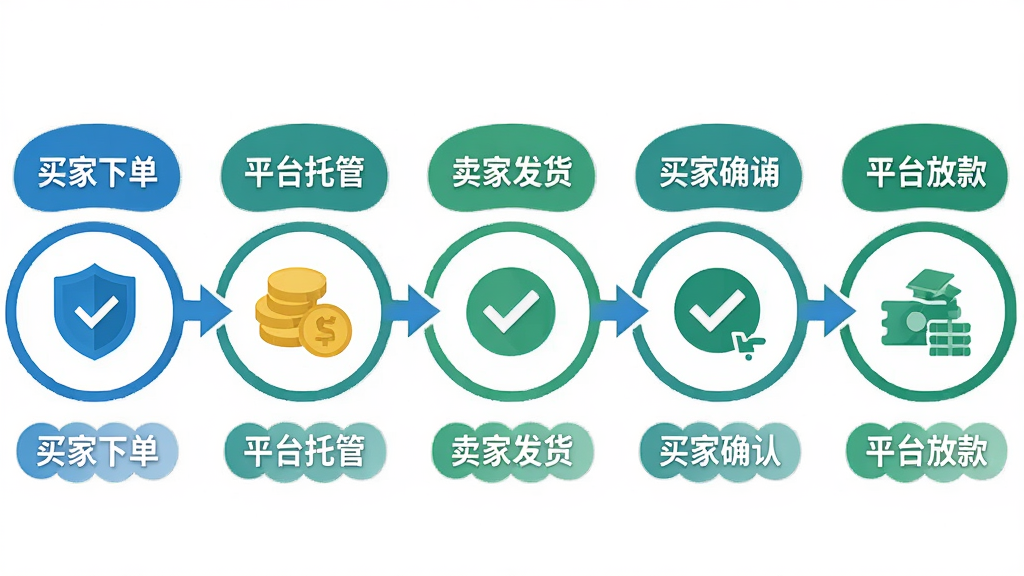 新宇代售担保交易流程示意图,主体为横向流程图布局,从左到右依次展示买家下单、平台托管、卖家发货、买家确认、平台放款五个环节;每个环节用圆形图标配文字说明,图标采用扁平化设计;背景为白色,整体色调以蓝色和绿色为主,传递安全可靠的视觉感受;排版整齐,箭头连接各环节;细节上每个图标内部有简洁的象征图形,如盾牌、金币、对勾等;画质清晰,干净无多余元素。