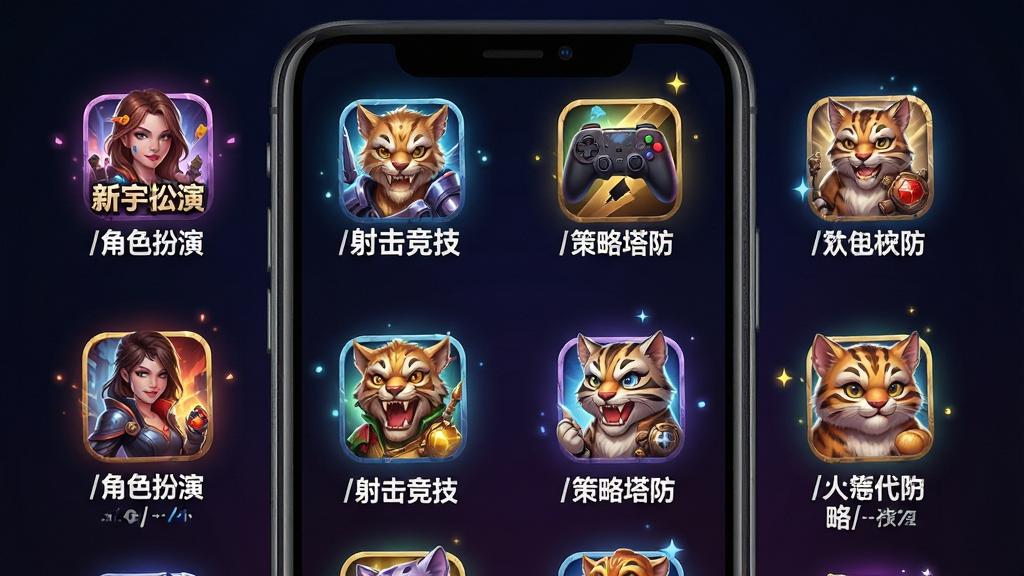 新宇代售多品类游戏覆盖展示图,主体为手机屏幕内呈现游戏分类网格布局,每个格子代表一款游戏图标配名称,如角色扮演、射击竞技、策略塔防等标签;背景为深色渐变,突出游戏图标色彩;排版为四列网格排列;风格活泼明快;细节上图标带有轻微光效,分类标签清晰可读;画质高清,干净无多余元素。