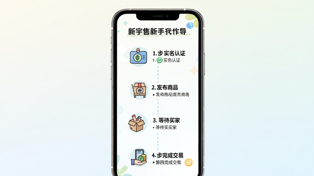 新宇代售新手操作指引图,主体为手机屏幕显示新手引导页面,包含步骤序号和简洁图示,第一步实名认证、第二步发布商品、第三步等待买家、第四步完成交易;背景为浅色渐变,步骤之间用虚线连接;排版为纵向时间轴布局;风格清新友好;细节上每一步配有小型插画图标,文字说明简短;画质高清,干净无多余元素。