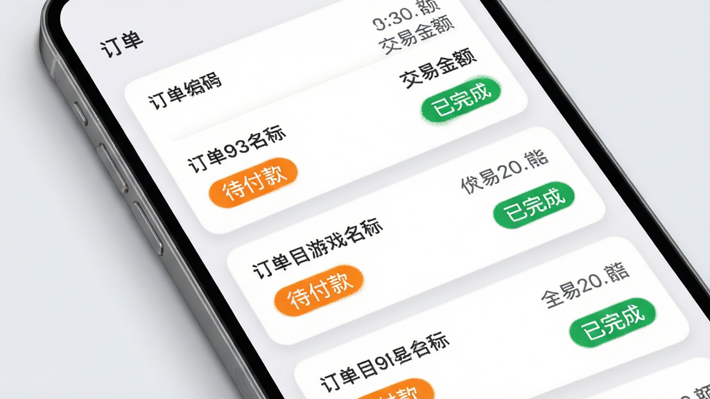 新宇代售订单追踪界面展示,主体为手机屏幕特写,屏幕内显示订单列表页面,包含多个订单卡片,每个卡片上有订单编号、游戏名称、交易金额和状态标签;状态标签用不同颜色区分,如橙色待付款、绿色已完成;背景为浅灰色,手机周围有淡淡的阴影增加立体感;排版为上下滚动式列表布局;风格简约商务;细节上字体清晰,卡片圆角柔和;画质高清,干净无多余元素。