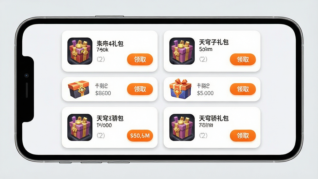 一张展示天穹骄子礼包领取功能界面的手机应用截图预览图,画面主体为一部横向放置的智能手机,屏幕内显示天穹骄子APP的礼包中心页面,页面中整齐排列着多个游戏礼包卡片,每个卡片包含游戏图标、礼包名称、剩余数量与领取按钮,布局为两列纵向列表,排版清晰有序,风格为清新明快的卡通风,细节上卡片带有轻微阴影与圆角,配色以白底配橙色点缀为主,画质高清干净,背景为浅灰色,无多余装饰元素