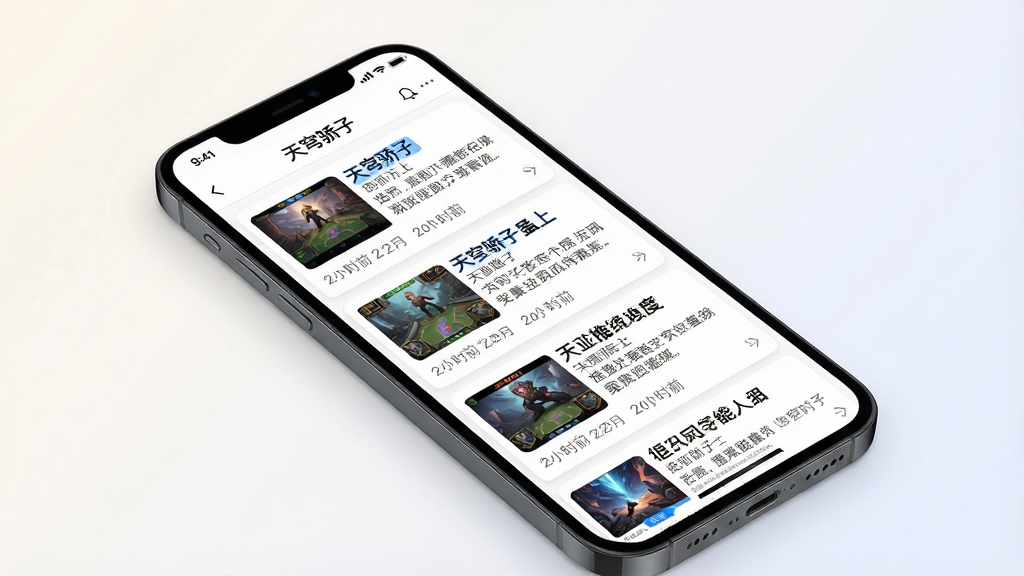 一张展示天穹骄子资讯推送功能界面的手机应用截图预览图,画面主体为一部斜放的智能手机,屏幕内显示天穹骄子APP的资讯流页面,页面中纵向排列着多条游戏资讯卡片,每张卡片包含标题、摘要、缩略图与发布时间,布局为单列纵向列表,排版清晰易读,风格为现代新闻阅读类风格,细节上卡片之间留有适当间距,配色以白底黑字配蓝色标签为主,画质高清干净,背景为浅色渐变,无多余元素