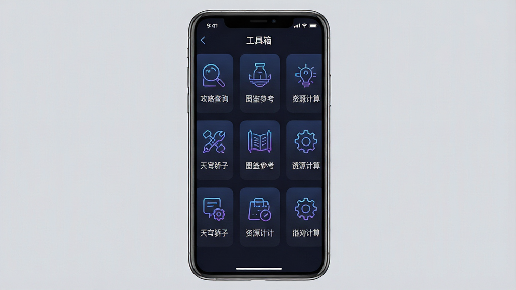 一张展示天穹骄子游戏工具功能界面的手机应用截图预览图,画面主体为一部竖直放置的智能手机,屏幕内显示天穹骄子APP的工具箱页面,页面中包含攻略查询、图鉴参考、资源计算等多个功能入口图标,图标下方配有文字说明,布局为三列网格排列,排版整齐规范,风格为科技简约风,细节上图标为线性风格,配色以蓝紫渐变为主,背景为深色,画质清晰干净,无多余元素