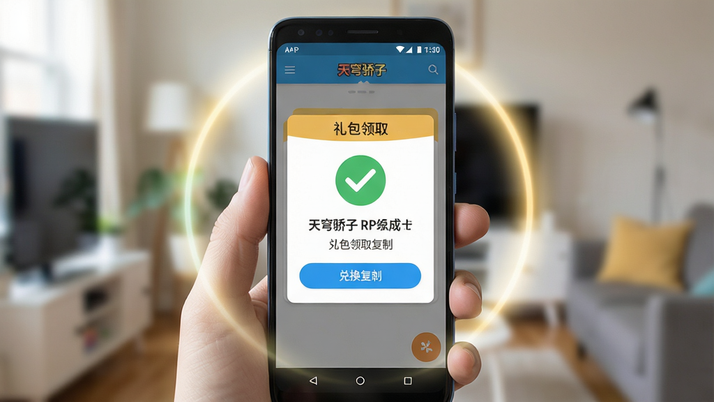一张展示天穹骄子在安卓手机上运行效果的场景图,画面主体为一部手持安卓手机,屏幕中显示天穹骄子APP的礼包领取成功页面,页面中央有醒目的对勾图标和兑换码复制按钮,布局为居中卡片式,排版简洁,风格为明亮欢快的扁平化设计,细节上手机周围有柔和的光晕效果,背景为虚化的室内环境,画质清晰干净,无多余元素