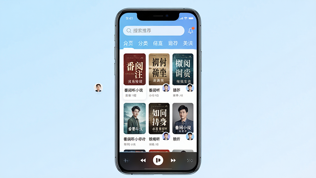 一张展示番阅听小说手机应用界面的图片,画面中央是一部竖屏智能手机,手机屏幕上显示着番阅听小说的首页推荐页面,上方有搜索栏和分类标签,中间是小说封面卡片列表,卡片上有书名和主播头像,底部有播放控制条,整体布局简洁清晰,背景为淡雅的浅蓝色渐变,风格现代清爽,细节上手机边框圆润,屏幕色彩明亮,画质高清干净,无多余元素