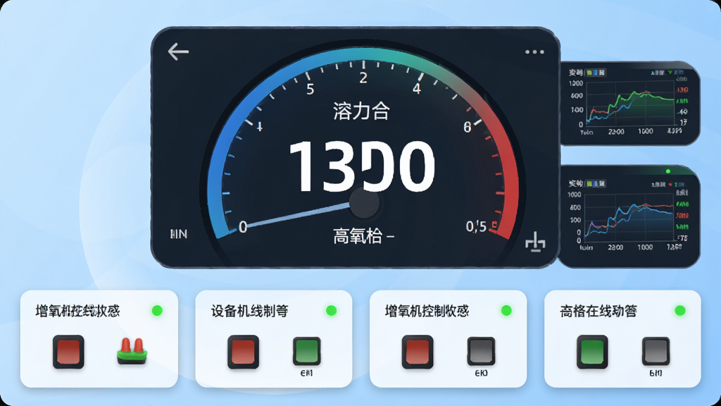 高力合软件主界面,画面中央展示大尺寸溶氧数值仪表盘,下方排列增氧机控制开关卡片,背景为淡蓝色渐变,布局简洁清晰,风格现代科技感,细节包含实时曲线小图和设备在线状态指示灯,画质清晰,干净,无多余元素