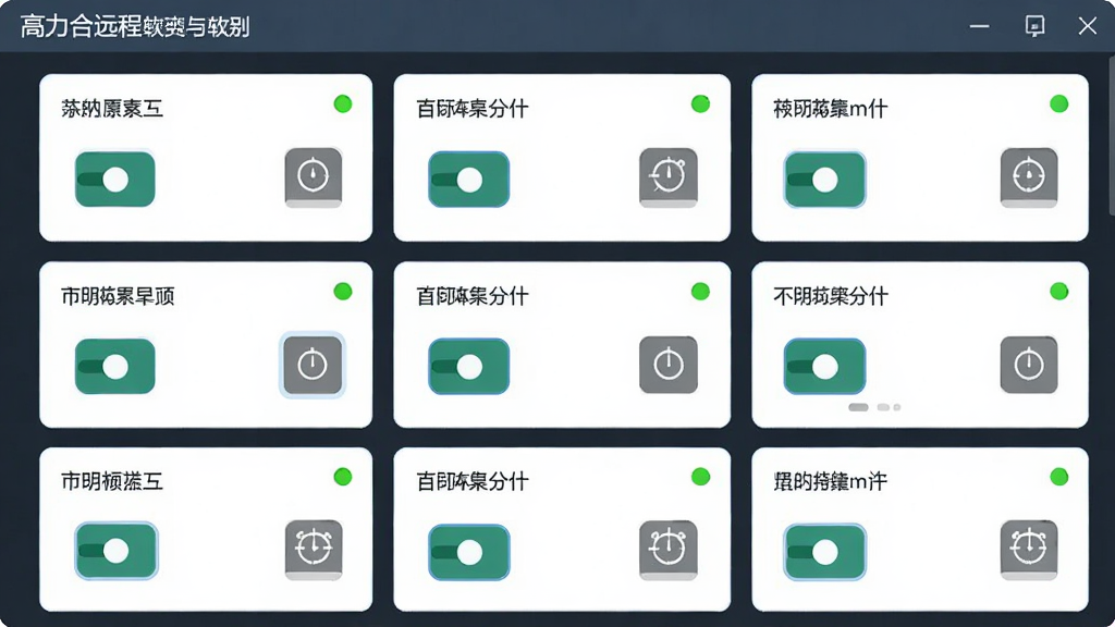 高力合软件远程控制界面,画面展示多个设备控制卡片,每个卡片有开关按钮和定时设置图标,布局为网格排列,风格扁平化设计,细节包含设备名称标签和运行状态指示灯,画质清晰,干净,无多余元素