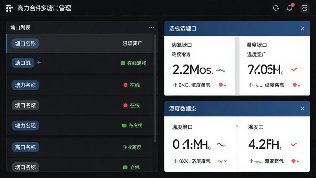 高力合软件多塘口管理界面,画面左侧为塘口列表,右侧显示选中塘口的溶氧和温度数据卡片,布局为左右分栏,风格商务简洁,细节包含塘口名称标签和在线离线状态标记,画质清晰,干净,无多余元素