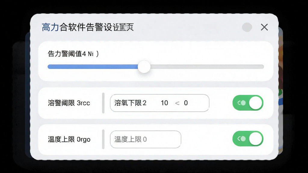 高力合软件告警设置页面,画面展示告警阈值滑块和通知开关列表,布局为纵向列表,风格柔和圆角,细节包含溶氧下限数值和温度上限数值输入框,画质清晰,干净,无多余元素