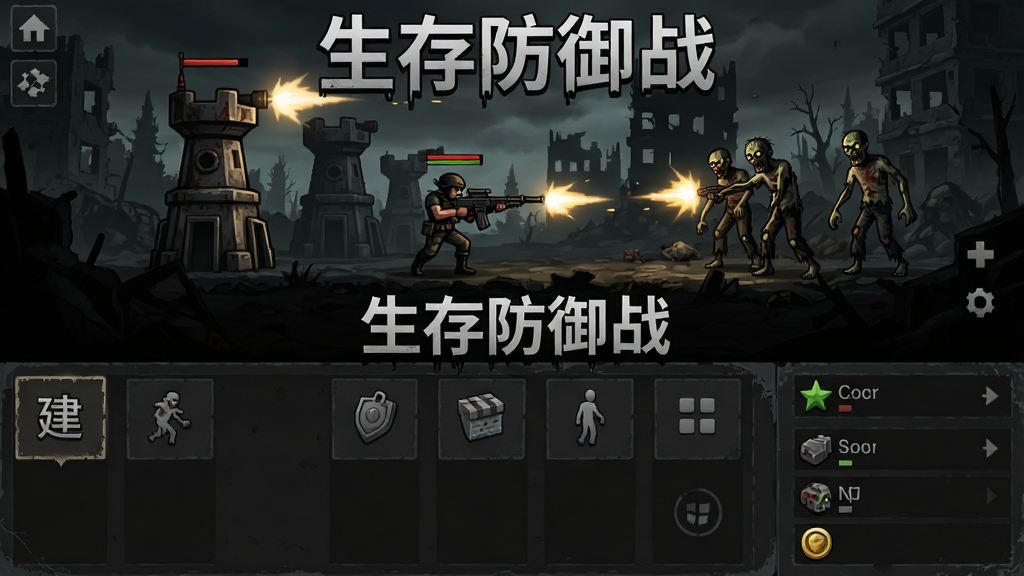 游戏界面截图风格,画面分为上下两部分,上半部分显示防御塔和角色射击丧尸的场景,下半部分为建造菜单和资源栏,界面带有“生存防御战”标题文字,整体色调偏暗,突出末日氛围,布局清晰,排版整齐,画质干净,无多余元素