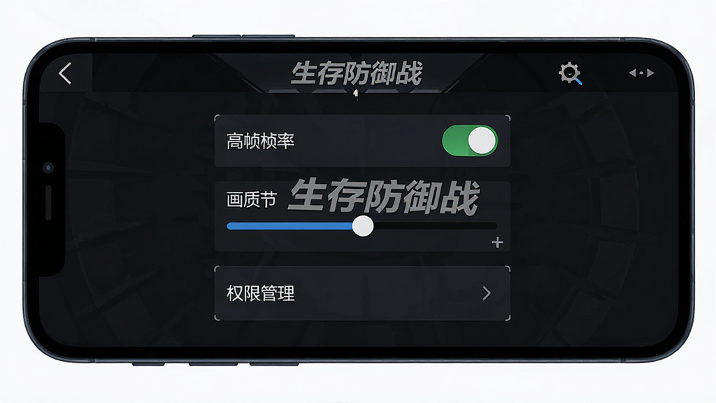 手机屏幕显示生存防御战游戏设置界面,画面中有高帧率模式开关、画质调节滑块、权限管理选项,界面风格简洁,带有“生存防御战”水印,整体色调为深色,布局清晰,排版规整,画质干净,无多余元素