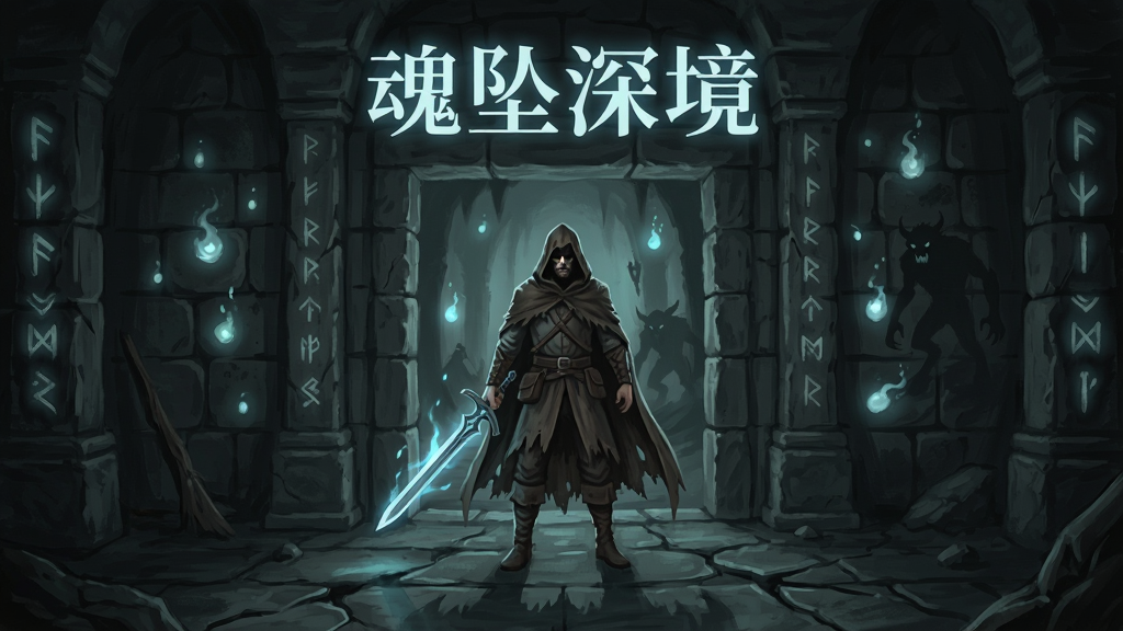 一幅暗黑奇幻风格的游戏场景插画,画面中央是一位身披破旧斗篷的复归者手持发光长剑站在幽深的地牢入口处,周围是古老的石壁与散落的灵魂光点,画面上方有发光的文字“魂坠深境”,布局采用中心构图,风格为手绘暗黑奇幻,细节包括石壁上的符文、地面上的裂纹与远处隐约的怪物轮廓,画质高清,干净,无多余元素