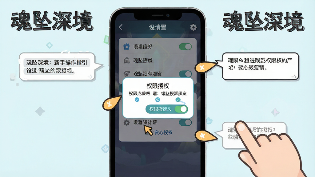 一幅魂坠深境新手操作指引界面插画,画面展示手机屏幕中游戏设置菜单与权限授权弹窗,旁边有卡通风格的手指标注操作步骤,画面中有“魂坠深境”文字,布局为手机界面截图风格,风格为清新扁平化UI,细节包括设置选项图标、开关按钮与提示文字框,画质高清,干净,无多余元素