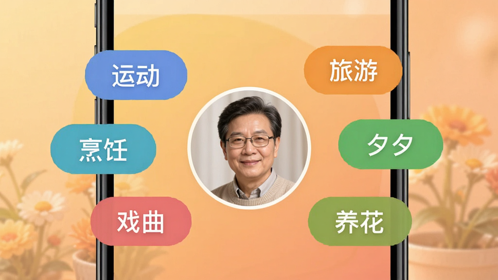 中年夕爱兴趣标签匹配界面,画面展示手机屏幕内多个彩色兴趣标签环绕用户头像,标签包括运动、旅游、烹饪、戏曲、养花,背景为柔和的暖色渐变,风格温馨,细节清晰,画质干净,无多余元素