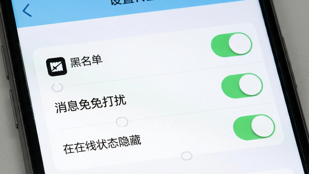 中年夕爱隐私安全设置页面,画面展示手机屏幕内的设置选项列表,包含黑名单、消息免打扰、在线状态隐藏等开关按钮,背景为简洁的白色与浅蓝色调,风格清爽,细节清晰,画质干净,无多余元素