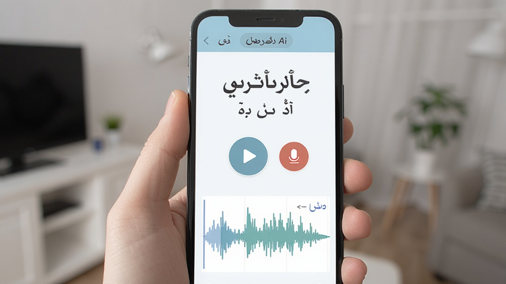 画面主体是 Persian Ai 软件发音练习界面,屏幕上方显示波斯语单词及音标,中间有播放按钮和录音按钮,下方显示波形对比图,手机被一只手握持,背景为虚化的室内环境,风格为清新教育风,细节包括波形高低起伏、按钮图标清晰、界面配色柔和,画质高清,干净整洁,无多余元素