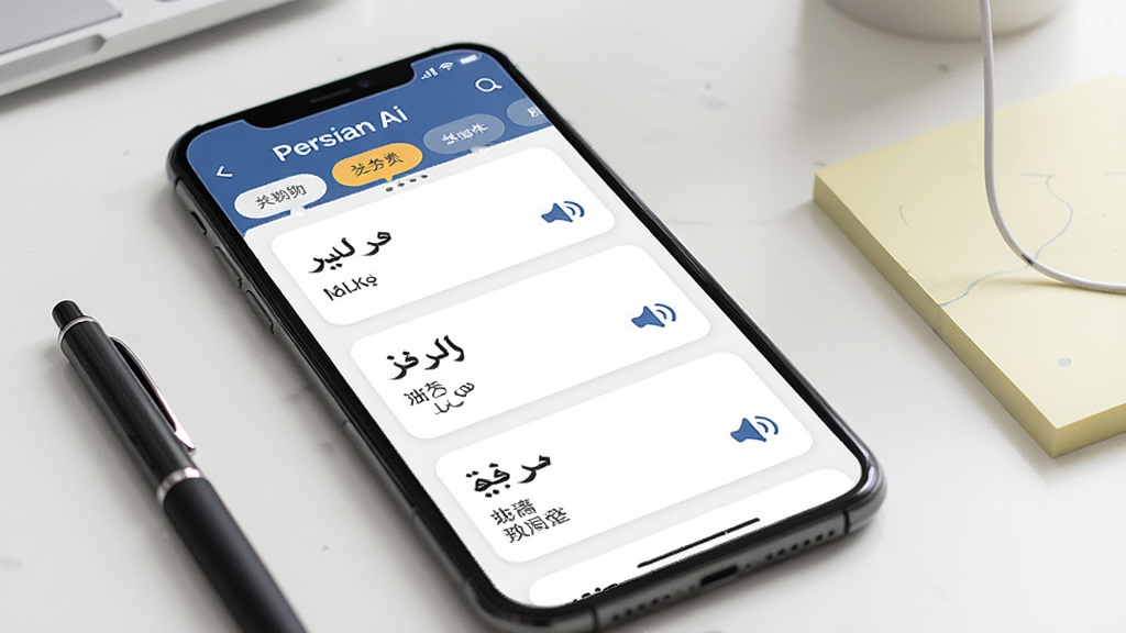 画面主体是 Persian Ai 软件词汇本界面,屏幕中显示卡片式单词列表,每张卡片包含波斯语单词、中文释义和一个小喇叭图标,界面顶部有分类标签栏,手机平放在桌面上,旁边有一支笔和便签纸,背景为明亮的办公桌面,风格为简洁工具风,细节包括卡片圆角、字体清晰、分类标签高亮,画质高清,干净无多余元素