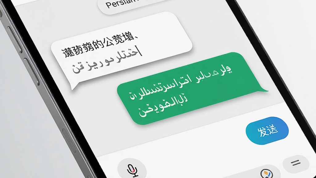 画面主体是 Persian Ai 软件对话界面特写,屏幕中央显示中文与波斯语双语对照的聊天气泡,左侧为中文输入,右侧为波斯语翻译结果,界面底部有语音输入按钮和发送按钮,手机以倾斜角度展示,背景为浅灰色渐变,风格为现代简约科技风,细节包括气泡阴影、字体清晰、按钮高亮,画质高清,干净无杂乱元素