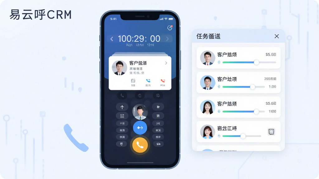 一张表现智能外呼功能的场景图,画面中一部手机正在拨出电话,屏幕显示通话计时和客户资料卡片,手机旁边有一个任务列表浮窗,浮窗内排列着多个待拨打客户条目,布局为手机居中、任务浮窗在右侧展开,风格为科技感扁平插画,细节上突出拨号按钮的高亮状态和进度条动画感,画质清晰,画面干净,无多余元素,图片中标注