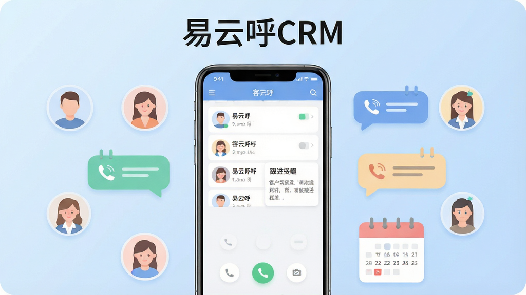 一张展示易云呼CRM手机应用主界面的产品全貌图,画面中央是一部竖屏智能手机,屏幕内显示客户列表、拨号按钮和跟进提醒卡片,手机周围环绕着客户头像图标、通话记录气泡和日程日历元素,整体布局采用左右对称的展示方式,背景为浅蓝色渐变,风格为现代商务扁平化,细节上突出界面清晰、图标圆润、色彩柔和,画质高清,画面干净,无多余元素,图片上方写有