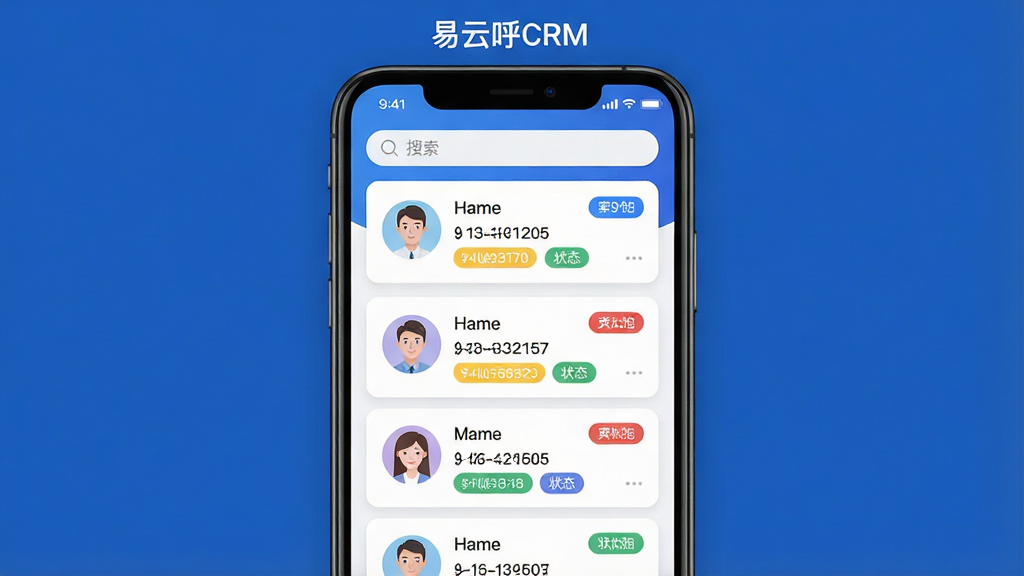 一张展示客户资料管理界面的示意图,画面中央是手机屏幕,屏幕内显示多个客户信息卡片整齐排列,每张卡片包含头像、姓名、电话和状态标签,布局为纵向列表滚动样式,风格为清爽简约的UI展示风,细节上突出卡片圆角、标签颜色区分和搜索栏位置,画质高清,画面干净,无多余元素,屏幕上方写有