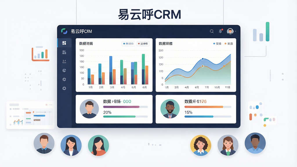 一张展示数据统计与团队协作功能的示意图,画面中央是一块悬浮的数据看板,看板上显示柱状图和折线图,图表下方排列着团队成员头像和各自的数据条目,布局为看板居中、头像环绕在底部,风格为现代数据可视化扁平风,细节上突出图表颜色的层次感和数字的清晰度,画质高清,画面干净,无多余元素,看板顶部写有