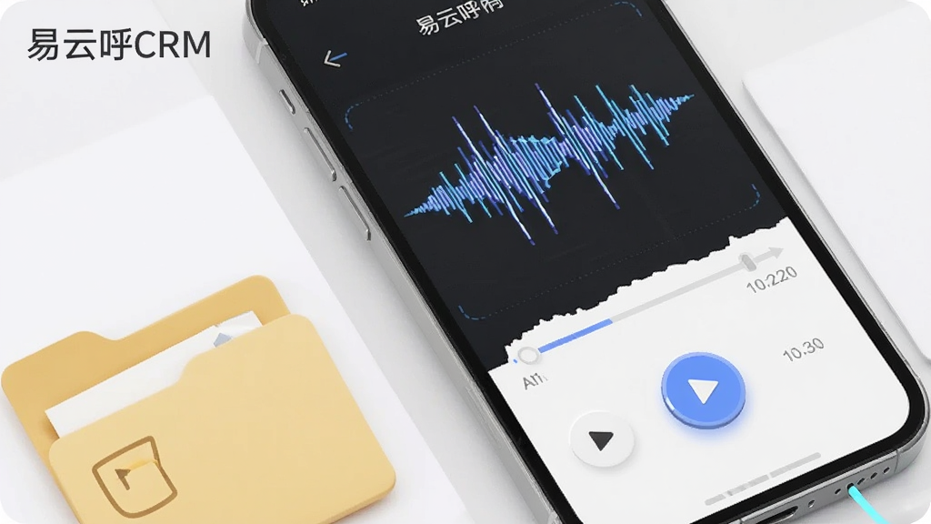 一张表现通话录音功能的场景图,画面中一部手机显示录音波形界面,波形图下方有播放按钮和时间轴,手机旁边有一个文件夹图标表示录音归档,布局为手机居中、文件夹在左下角,风格为简洁科技风,细节上突出波形图的动态感和按钮的立体效果,画质清晰,画面干净,无多余元素,图片中标注