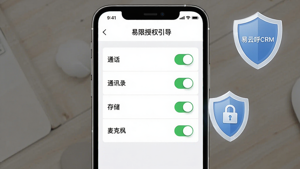 一张展示易云呼CRM新手设置引导界面的图片,画面中一部手机屏幕显示权限授权列表,列表项包括通话、通讯录、存储和麦克风,每项旁边有开关按钮,手机旁边有一个盾牌图标表示安全设置,布局为手机居中、盾牌在右上角,风格为简洁明了的引导页风格,细节上突出开关的绿色开启状态和列表的清晰排列,画质高清,画面干净,无多余元素,图片中写有