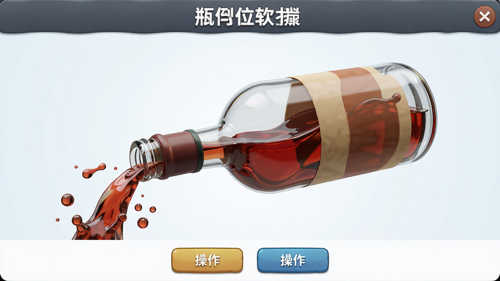 一瓶倒位软件主界面展示,主体为一只透明玻璃酒瓶倾斜倒酒的动态画面,布局采用居中构图,排版清晰展示顶部标题栏与底部操作按钮,风格为3D卡通渲染,细节包括飞溅的液体粒子效果与高光反射,画质高清,干净,无多余元素