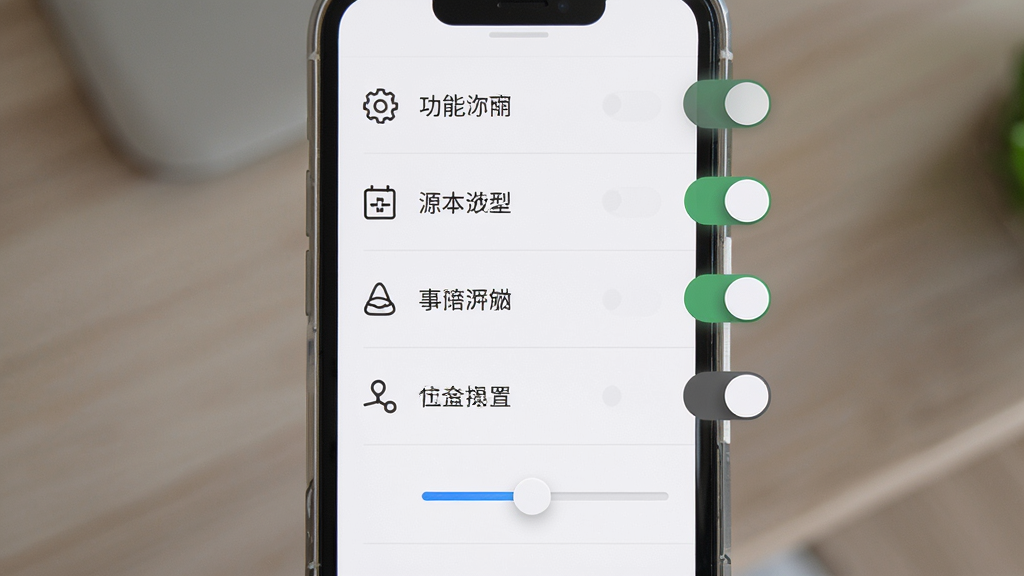 一瓶倒位设置界面,主体为功能选项列表与开关按钮,布局采用纵向列表排版,风格为极简清新风,细节包括图标与文字对齐、滑动条控件,画质高清,干净,无多余元素