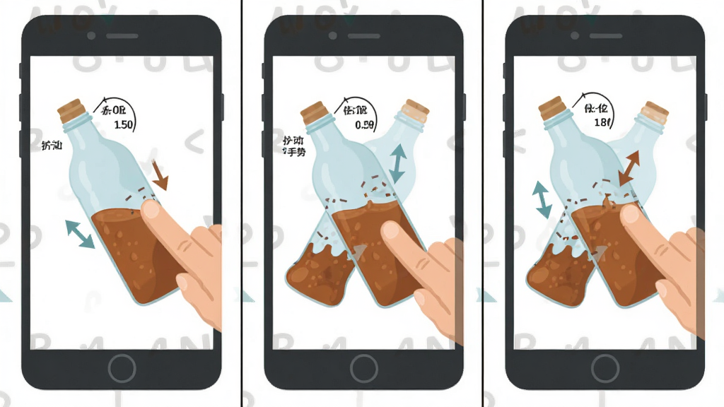 一瓶倒位移动端操作手势示意图,主体为手指滑动控制瓶身倾斜的分解动作,布局采用三格分镜排版,风格为扁平化教程插画,细节包括角度标注与液体流动箭头,画质高清,干净,无多余元素