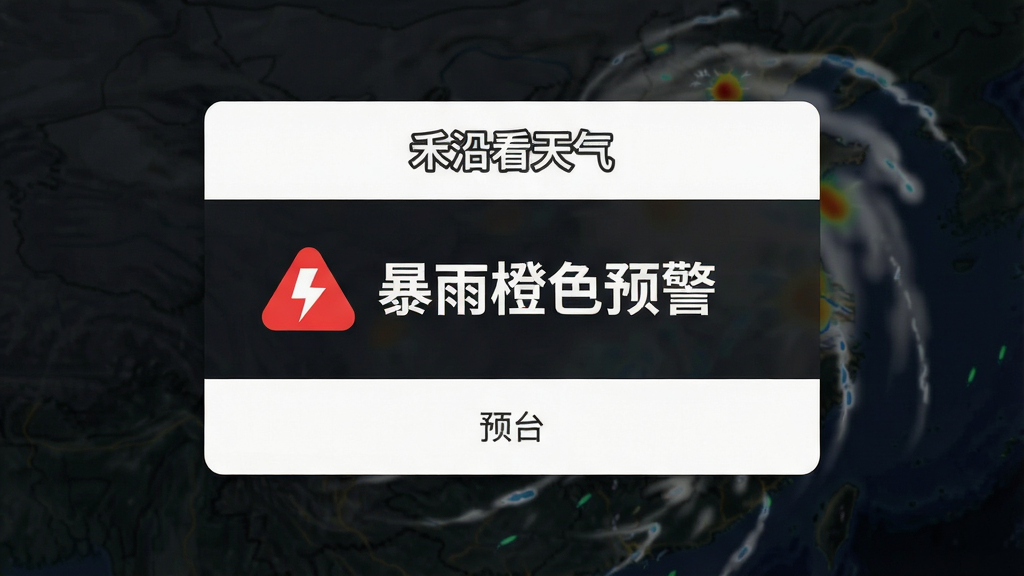 一张“禾沿看天气”APP的灾害预警弹窗截图,弹窗显示红色预警图标和“暴雨橙色预警”字样,背景是暗色天气云图,界面醒目,画质清晰,无多余元素。