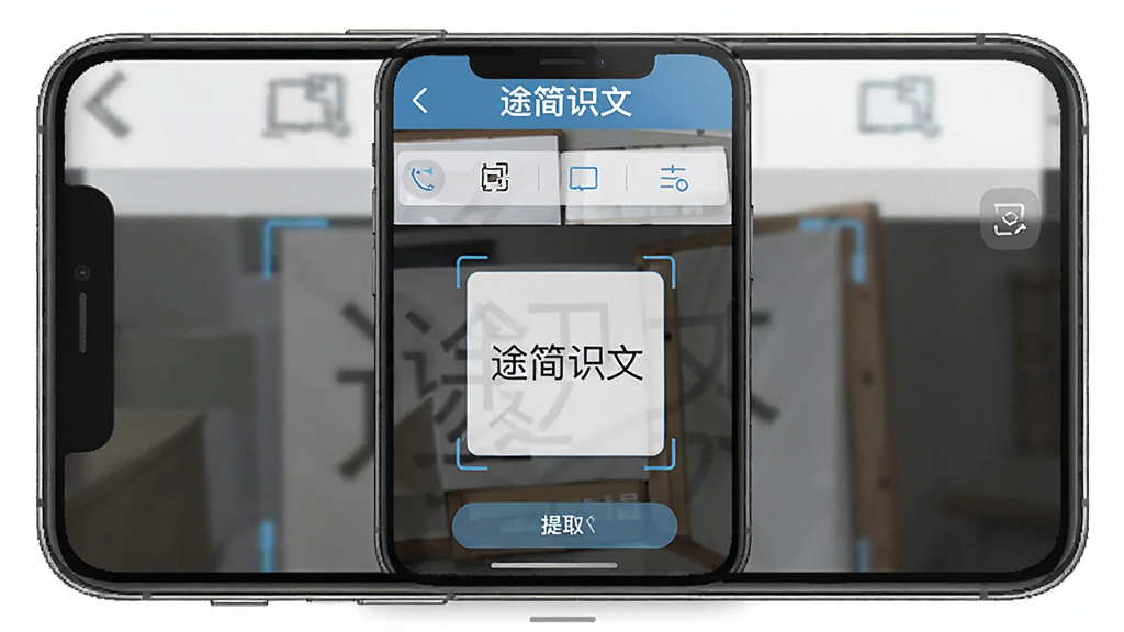 途简识文软件主界面展示,主体为一部智能手机居中放置,屏幕上显示文字识别应用的操作界面,布局为上方标题栏下方功能按钮,排版简洁清晰,风格为现代科技感扁平化设计,细节包括识别框、文字提取按钮、历史记录图标,画质高清干净无多余元素,画面中文字显示“途简识文”