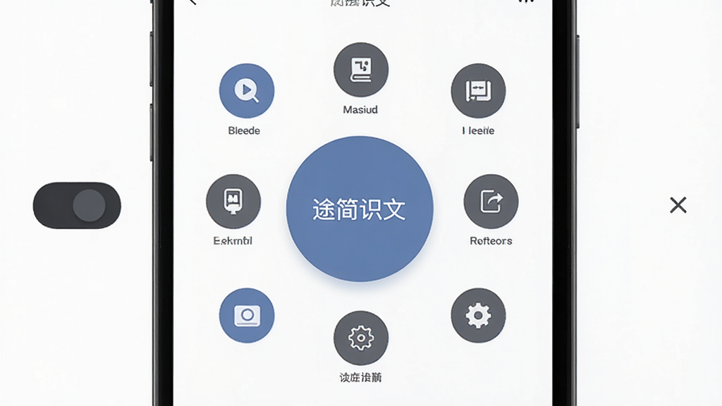 途简识文简洁操作界面展示,主体为手机屏幕显示应用主界面包含识别按钮与功能图标,布局为中心大按钮周围环绕小图标,排版对称均衡,风格为扁平化现代设计,细节包括深色模式切换开关、历史记录入口、设置齿轮图标,画质高清干净无多余元素,画面中文字显示“途简识文”