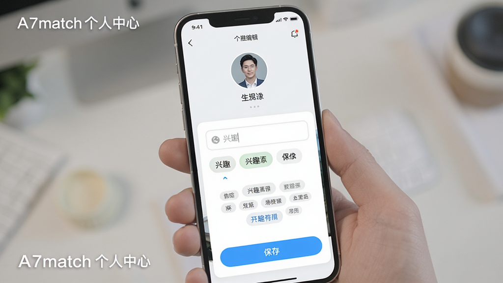 AI��ͼ������������һ���ֻ���Ļ��ʾ�������ϱ༭ҳ�棬����ͷ���ϴ�������Ȥ��ǩѡ��ť�ͱ��水ť������Ϊ��ֱ��Ƭʽ�����Ϊ��ˬǳɫUI��ϸ�ڰ���ͼ�ꡢ�����ͱ�ǩ�ƣ������������޶���Ԫ�أ�ͼƬ�д����֡�A7match �������ġ���