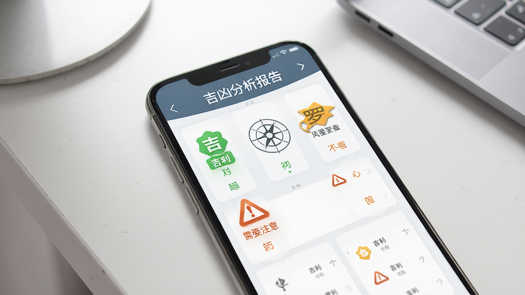 风水罗盘免费版APP吉凶分析报告界面,手机屏幕显示着图文并茂的分析结果,有代表吉利的绿色图标和代表需要注意的橙色图标,界面设计简洁现代,背景为干净的书桌一角,风格商务且专业,画面干净,画质清晰,无多余元素