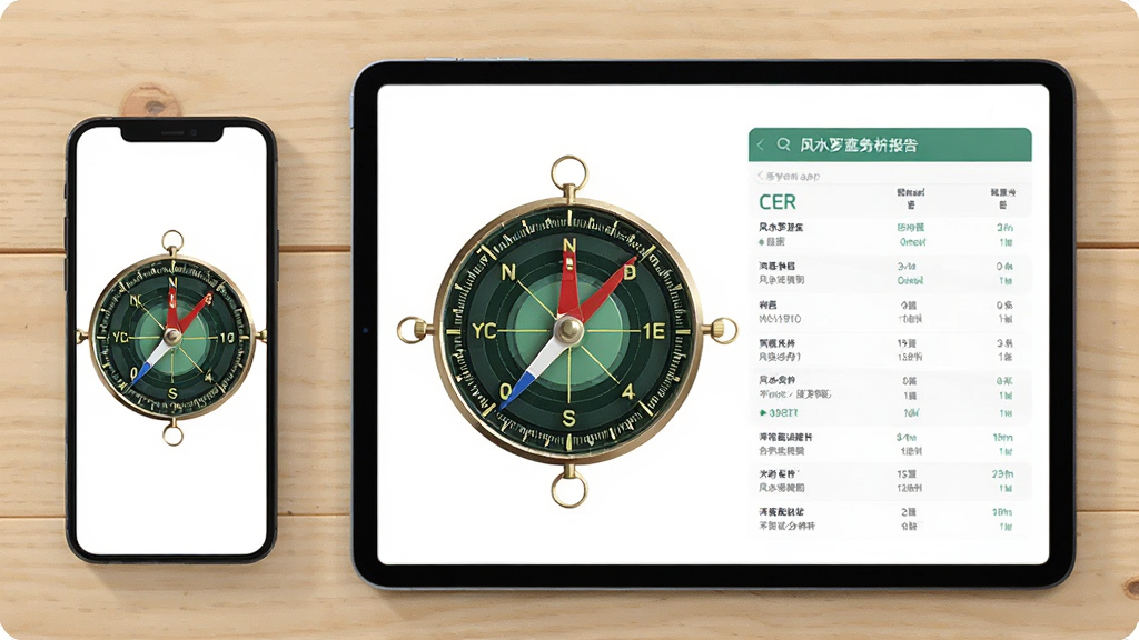 风水罗盘免费版APP在手机和平板电脑上同时运行的对比展示图,手机竖屏显示罗盘,平板横屏显示罗盘及分析报告,背景为简洁的木质桌面,风格干净清爽,画质清晰,无多余元素