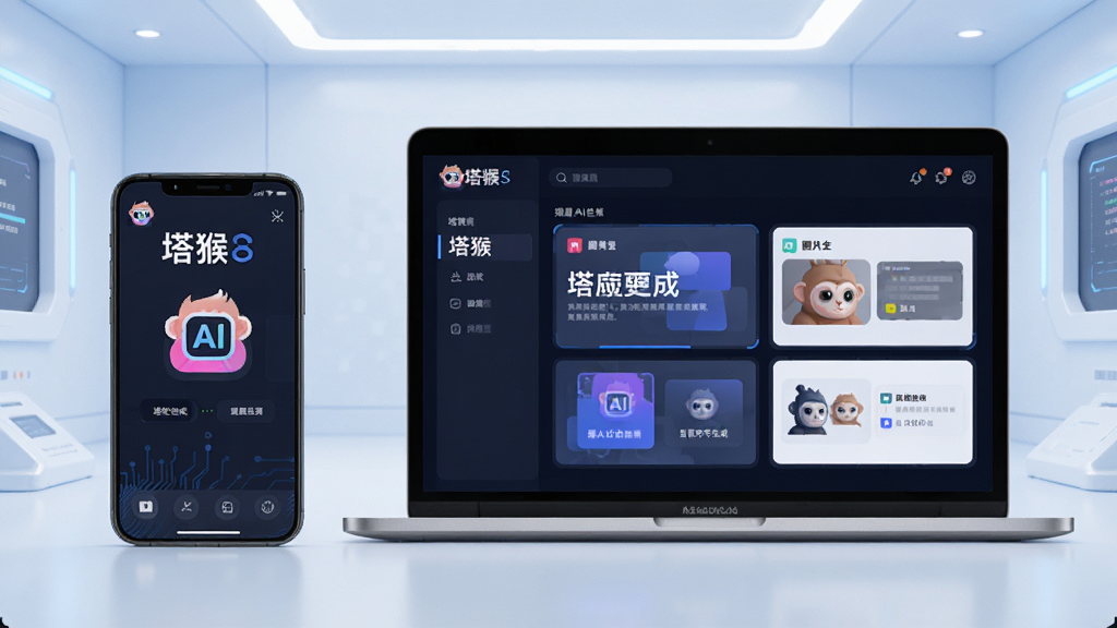 画面中央是一部智能手机与一台笔记本电脑并排摆放,屏幕中显示“塔猴”AI创作界面,界面包含文字生成与图片生成模块,背景为简洁的浅蓝色科技感空间,布局采用左右对称构图,排版清晰有序,风格为现代扁平化科技风,细节上屏幕内有“塔猴”字样和AI图标,画质高清,干净,无多余元素
