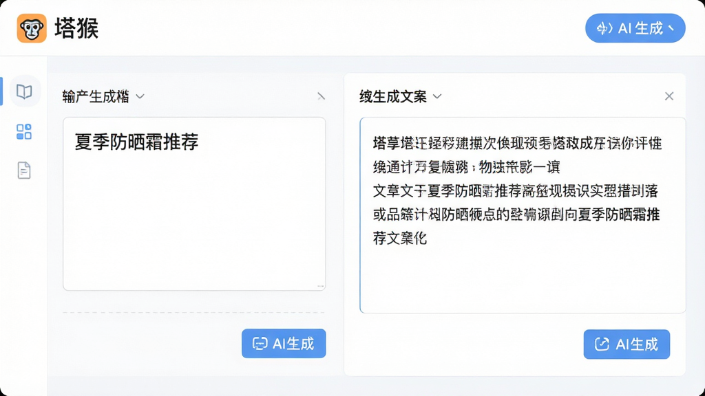 画面主体为塔猴软件界面中的文案生成模块,左侧输入框内写着“夏季防晒霜推荐”,右侧输出框显示生成好的种草文案,布局为左右分栏,排版整齐,风格为清爽的浅色UI设计,细节上带有“塔猴”Logo和AI生成按钮,画质高清,干净,无多余元素