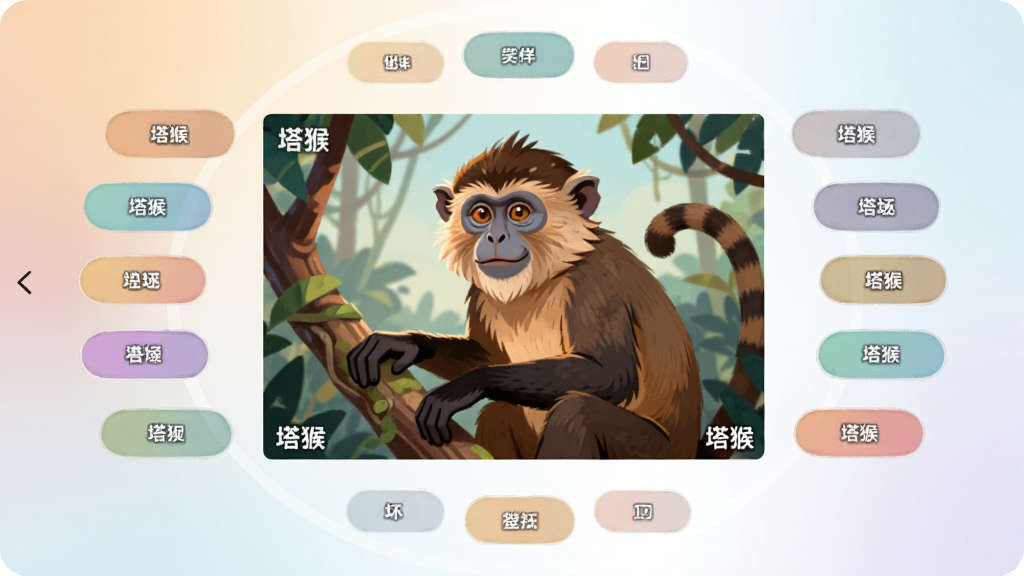 画面展示塔猴AI图片创作界面,中央是一张正在生成的插画预览图,周围环绕风格选项按钮,布局为居中放射状,排版简洁,风格为柔和渐变色调,细节上图片角落有“塔猴”水印标识,画质高清,干净,无多余元素