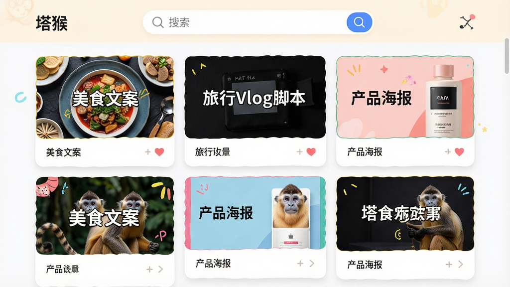 画面展示塔猴模板中心页面,网格状排列多个模板卡片,卡片上有“美食文案”“旅行Vlog脚本”“产品海报”等文字,布局为瀑布流网格,排版丰富有序,风格为明亮活泼的卡片式设计,细节上顶部有“塔猴”搜索栏,画质高清,干净,无多余元素