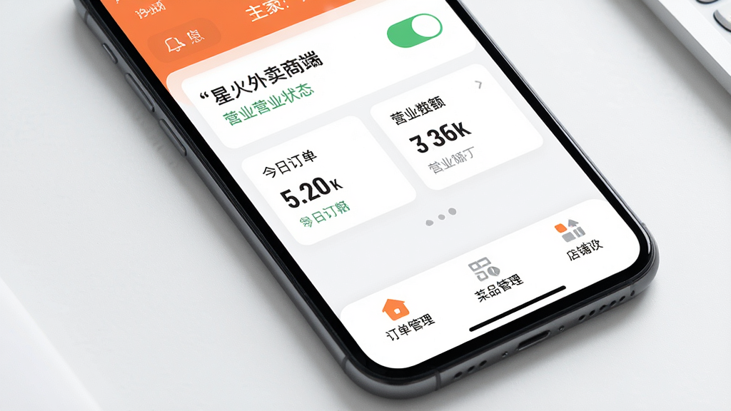 一张展示手机屏幕的图片,屏幕中显示星火外卖商家端应用的主界面,界面顶部有店铺名称和营业状态开关,中间是今日订单数量和营业额数据卡片,底部有订单管理、菜品管理、店铺设置等导航按钮,整体布局清晰整洁,风格为现代简约商务风,细节包括图标、数字、文字按钮,画质高清,干净,无多余元素