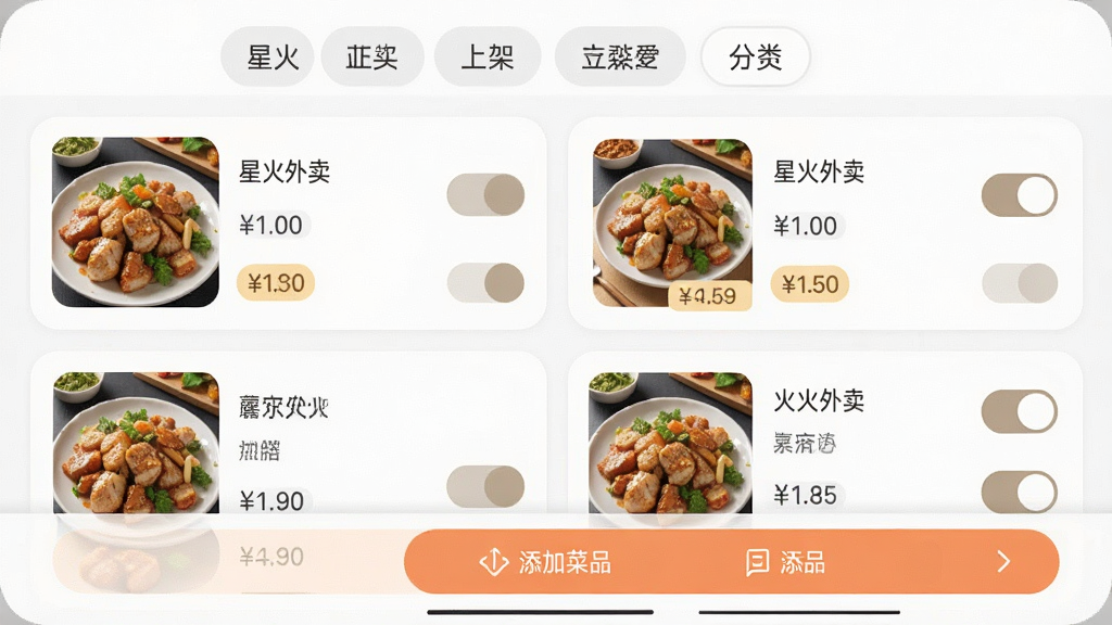 一张手机应用界面截图,展示星火外卖商家端的菜品管理页面,屏幕中显示菜品列表,每个菜品有图片、名称、价格和上架开关,顶部有分类标签栏,底部有添加菜品按钮,布局为网格与列表结合,风格为柔和圆角设计,细节包括菜品缩略图、价格标签、开关按钮,画质高清,干净,无多余元素